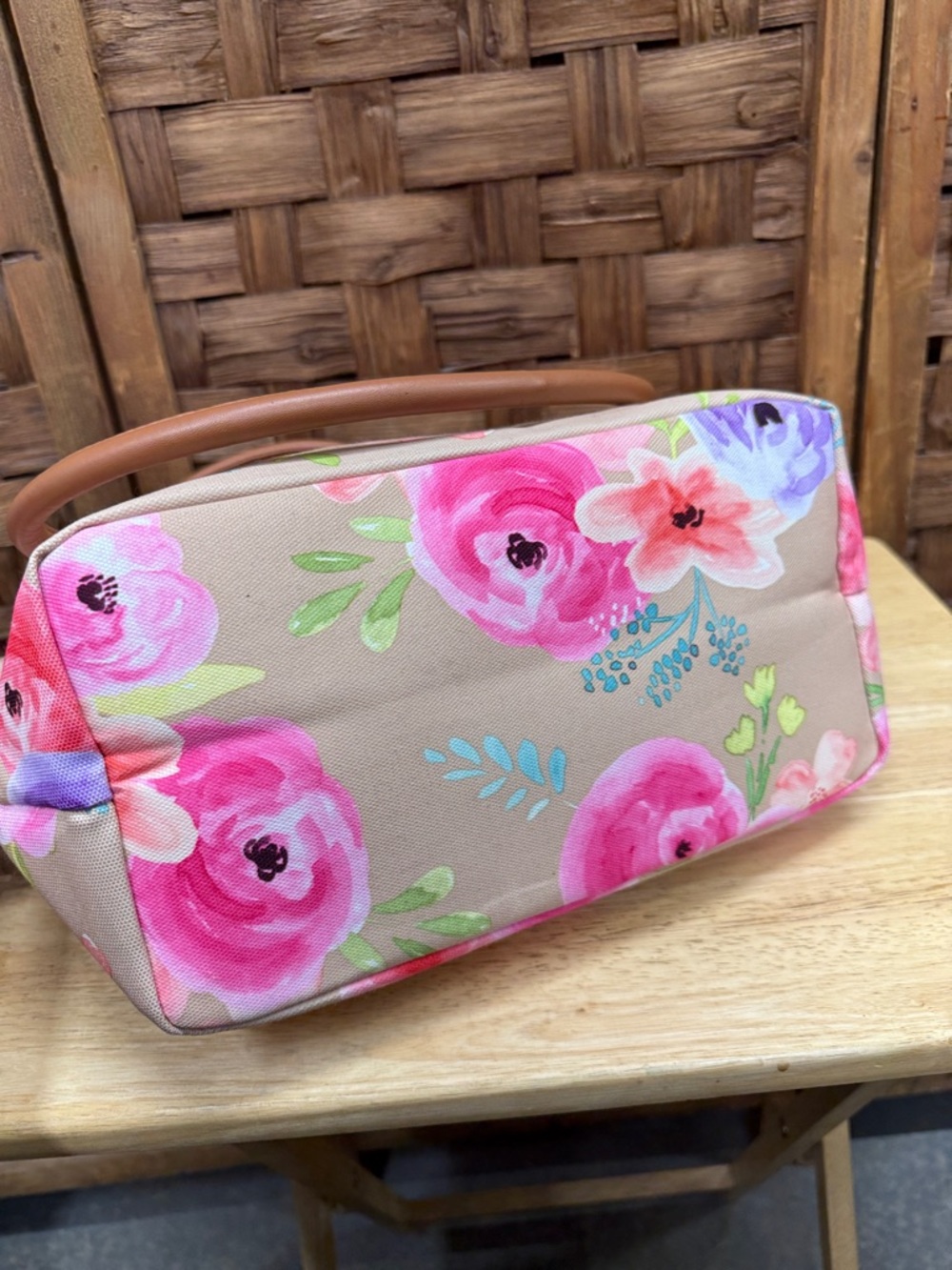 Tupperware Pink & Purple Floral Beige Tote with Brown Handles - Picture 4 of 5